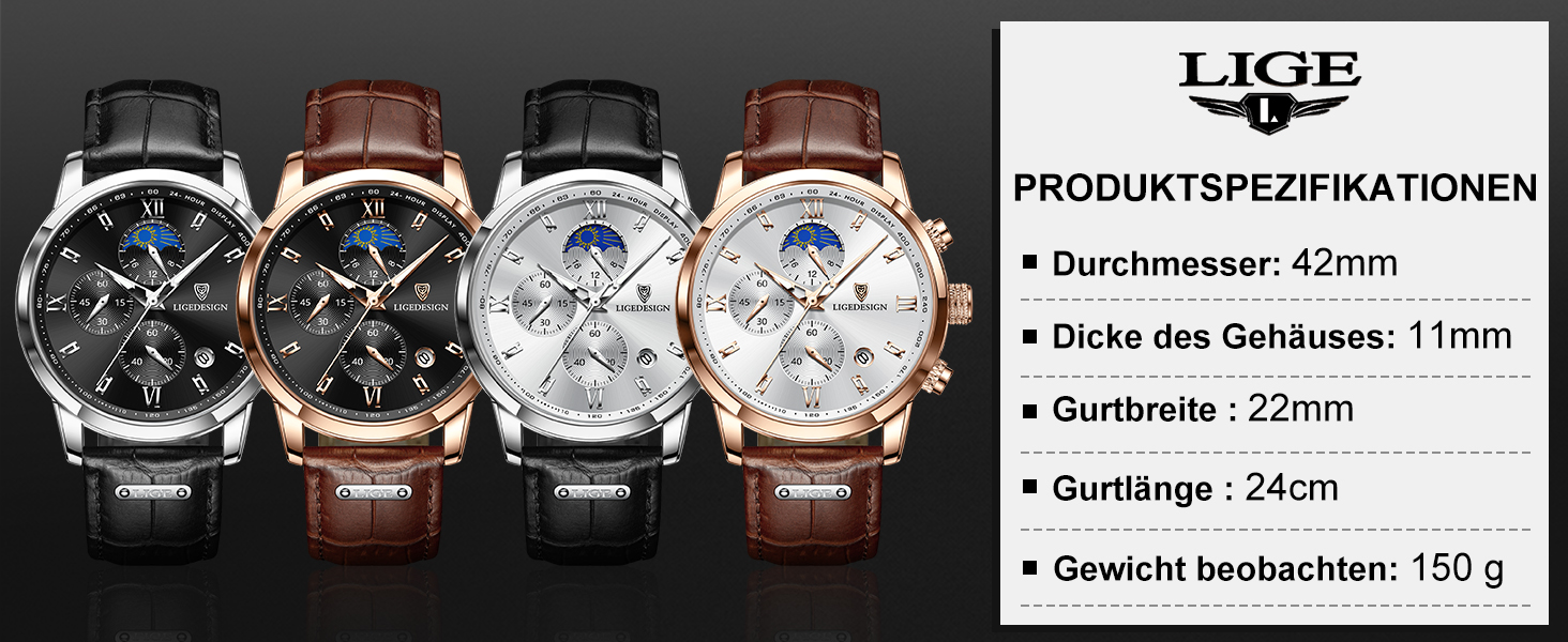 Годинник чоловічий LIGE, Хронограф, Аналоговий кварц, Ремінець зі шкіри, Календар, Світлодіодне підсвічування, Водостійкий 3ATM, Чоловічий годинник для бізнесу та відпочинку, Чорний