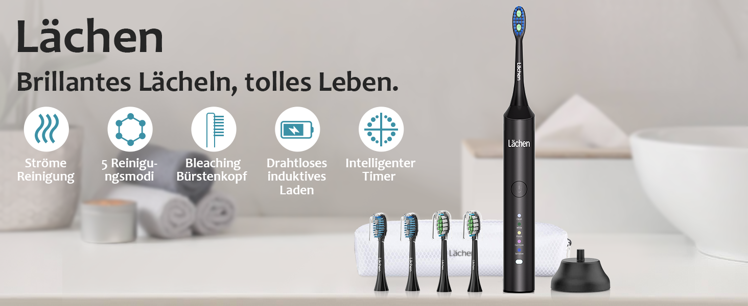 Електрична звукова зубна щітка Läschen, 5 режимів, з чохлом для подорожей, 4 насадки, USB-зарядка на 60 днів, таймер, IPX7 водонепроникність, чорна