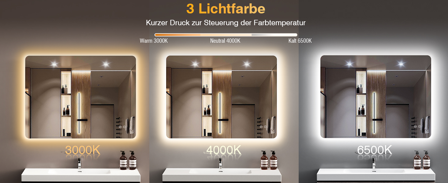 Дзеркало для ванної кімнати з підсвічуванням LED, 100x60 см, 3 кольори світла, диммування, пам'ять, сенсорне керування, IP44, вологостійке