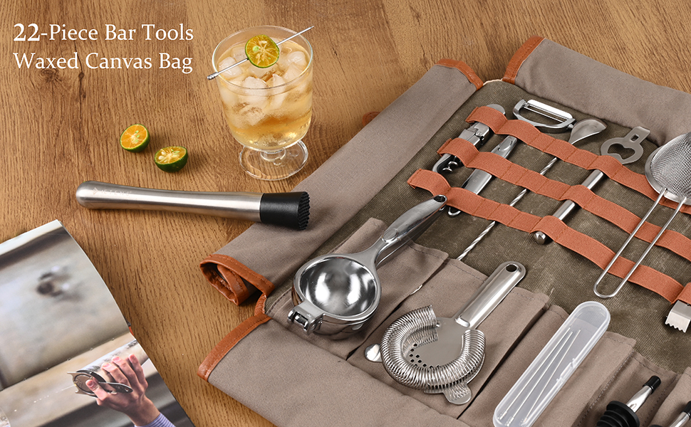 Набір бармена 22 предмети: барний аксесуар з нержавіючої сталі та воскована сумка, Boston Shaker, Jigger, сіто, прес для лимонів