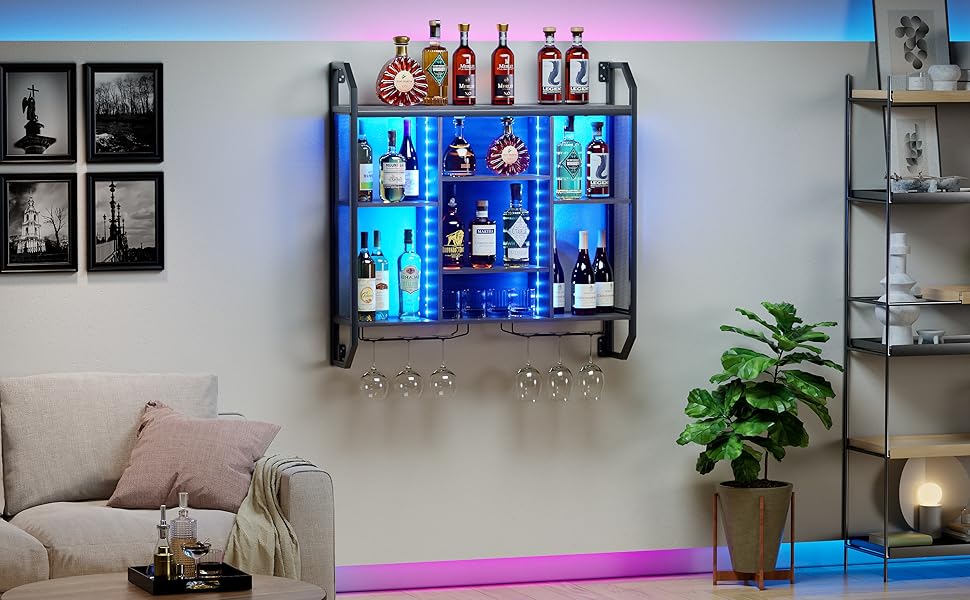 Настінна вітрина для вина з LED-підсвіткою 90x90 см з металу та MDF. Полиці для вин з тримачами для келихів. Регульована полиця для бару, винного підвалу, кухні.