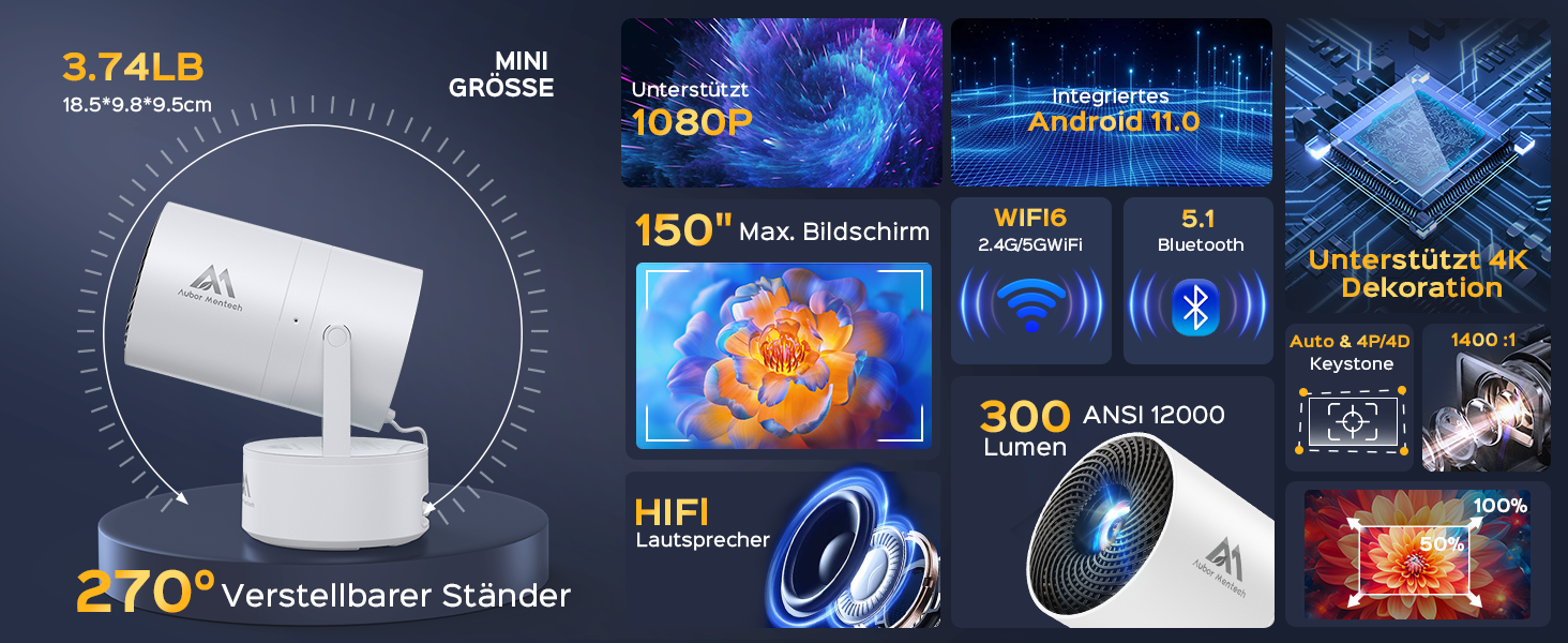 Aubor Mentech Mini Beamer 4K: Портативний проєктор для дому з Wi-Fi 6, BT 5.2 та Android OS, Auto Keystone, 180° та підтримкою HDMI.