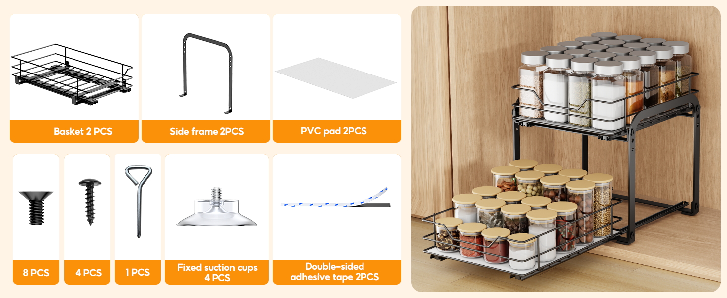 Висувна полиця для спецій на 2 яруси, регульована висота, органайзер для кухонної шафи. Висувна полиця для спецій з наклейками для кухні та робочої поверхні, розмір 26x23x23 см