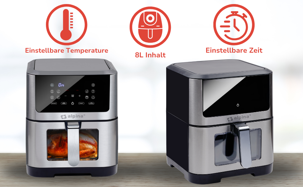 Фритюрниця Alpina Heißluft XXL: Цифрова фритюрниця Air Fryer на 8 літрів, 1800W, для 4-6 осіб, з таймером до 2 годин, 80-200°C