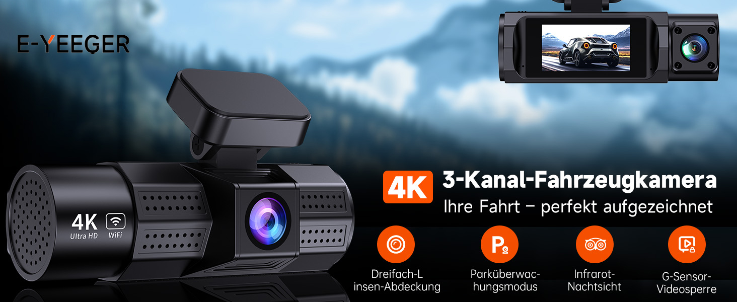 Відеореєстратор E-YEEGER 3-канальний 4K + 1080P + 1080P з Wi-Fi, 32GB карта, нічна зйомка, G-сенсор, паркування - чорний