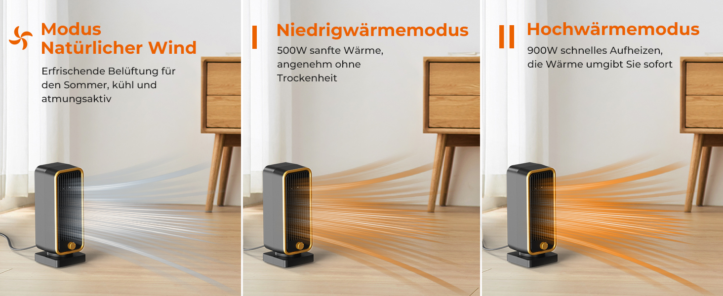 Електричний обігрівач PTC: тихий, енергоефективний, 900W, 3 режими, захист від перегріву та перекидання, для кімнат та спалень, чорний