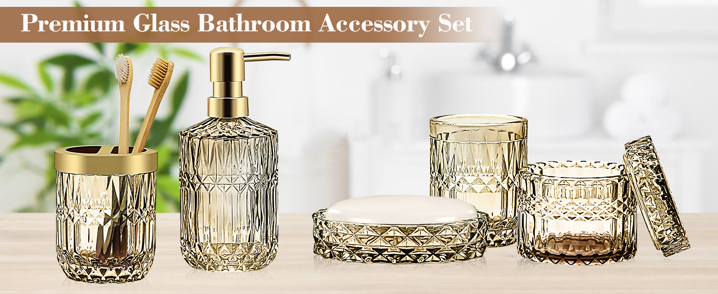 Набір аксесуарів для ванної кімнати з 5 предметів, золото, скло: диспенсер для лосьйону, мильниця, тримач для зубних щіток, стакан, ватні палички. Сучасний дизайн, вінтажний подарунок