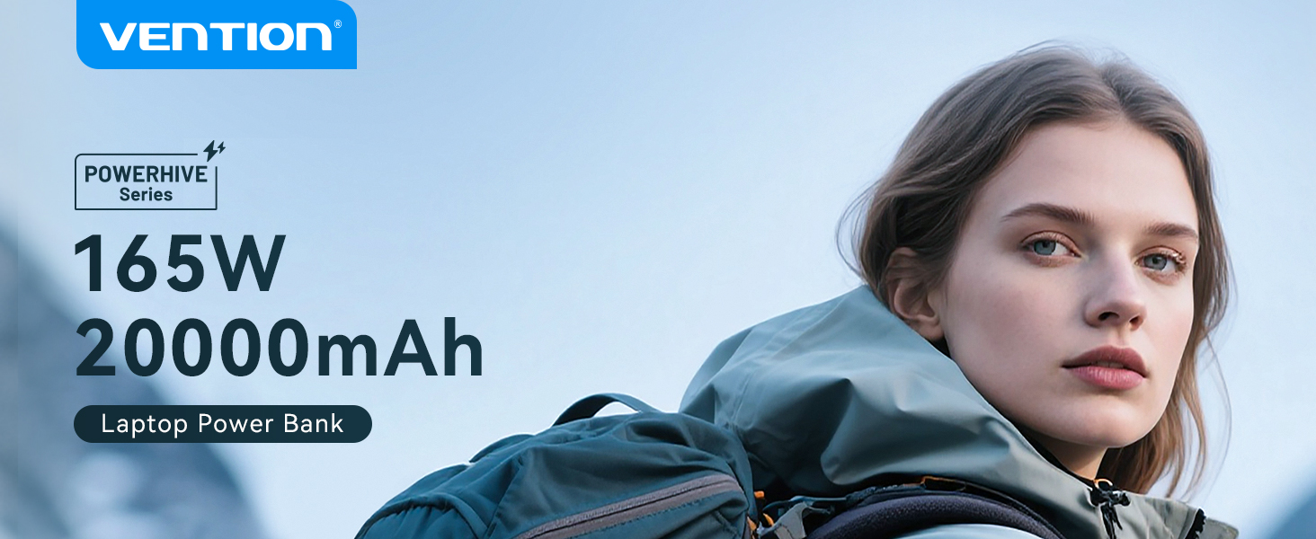 Power Bank VENTION 20000mAh 165W з дисплеєм та Emoji, інтегрований кабель USB-C, 2×100W USB-C + USB-A. Сумісний з MacBook Pro, iPad, Dell/HP, iPhone, Galaxy