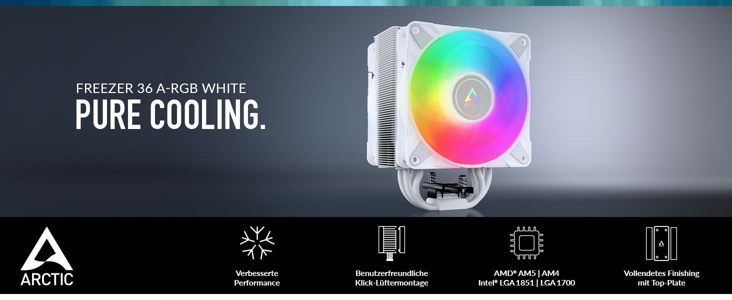 ARCTIC Freezer 36 A-RGB: Кулер для CPU з Push-Pull вентиляторами та RGB підсвіткою для Intel/AMD, Single-Tower, 2 вентилятори 120 мм, 200-2000 rpm, гідродинамічне підшипник, з термопастою MX-6 (білий)