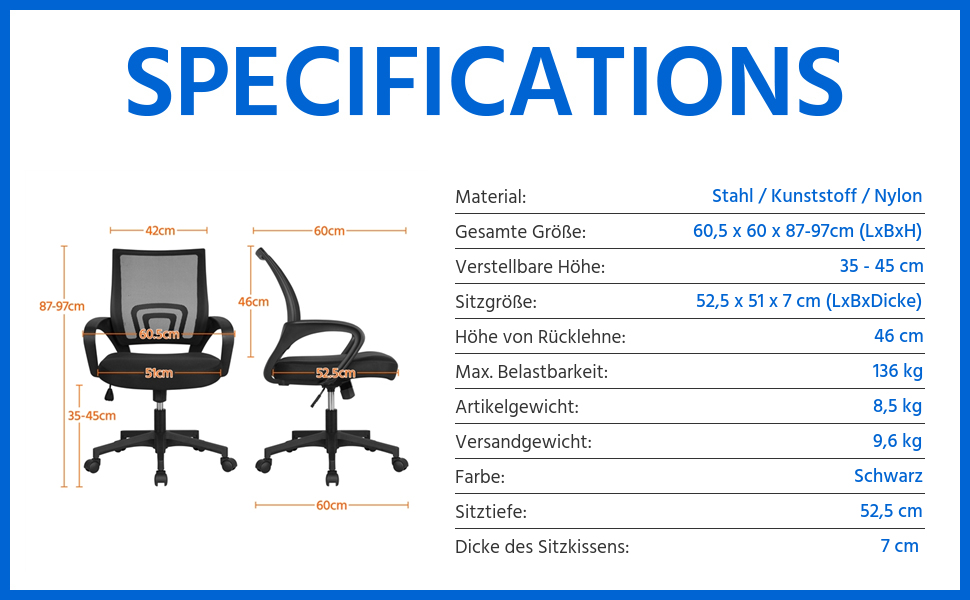 Офісне крісло Yaheetech ергономічне, з сітчастою спинкою та підлокітниками, поворотне, для начальника, з функцією гойдання, регульоване по висоті, підходить для ваги до 136 кг, чорне