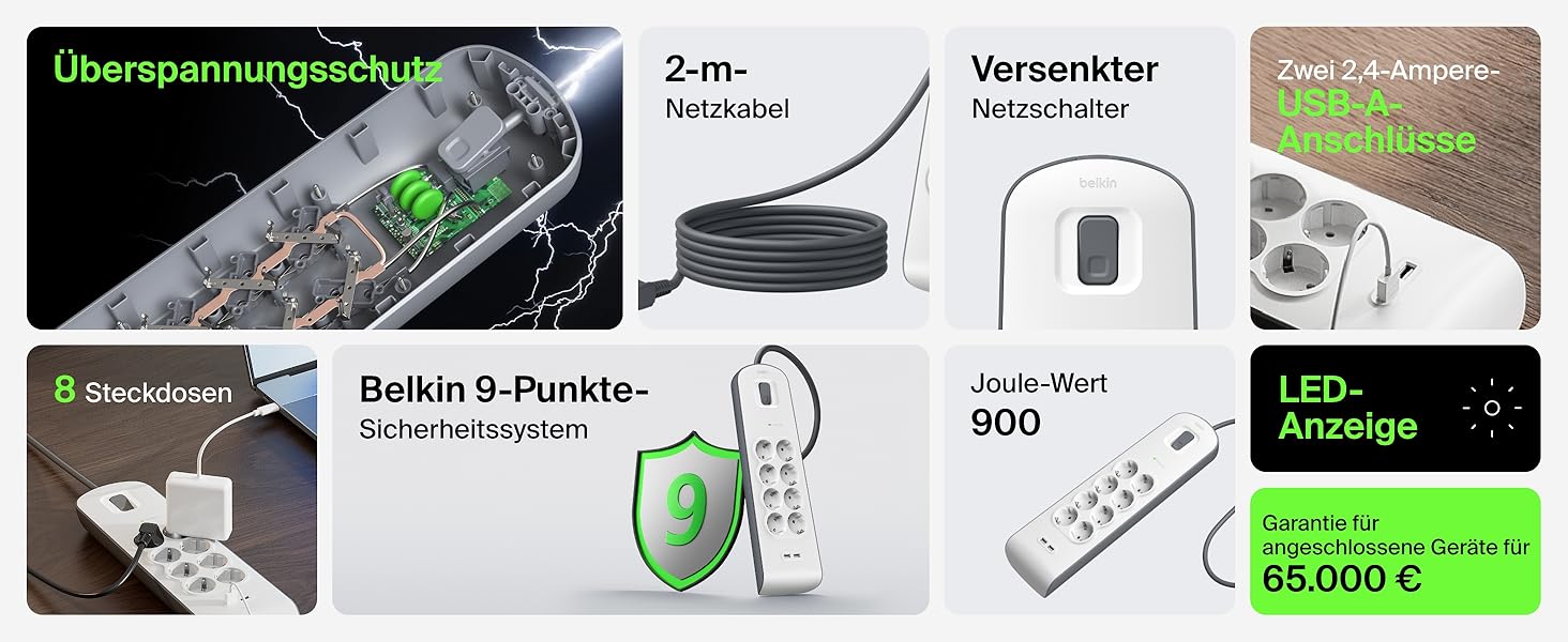 Мережевий фільтр Belkin з 8 розетками, захистом від перенапруги та USB-портами (2.4A), 2 м кабелю, для дому та офісу