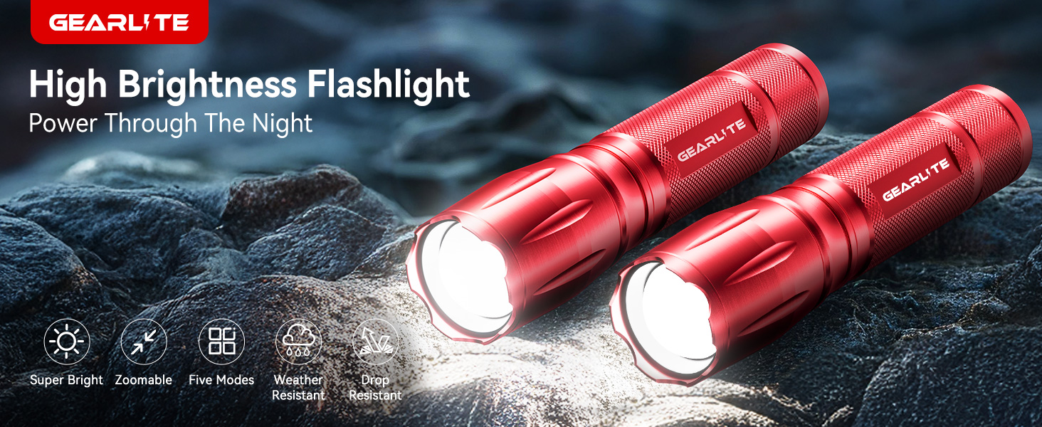 LED ліхтарик Gearlite 2 шт. 2000 люмен, 5 режимів, водонепроникний IP65, для кемпінгу, туризму, дітей, надзвичайних ситуацій (червоний)