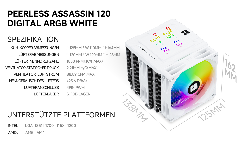 Кулер для процесора Thermalright Peerless Assassin 120 Digital Black, з цифровим дисплеєм, 6 тепловими трубками, ARGB, для AM4/AM5, Intel LGA1700/1851/1200/115x, чорний