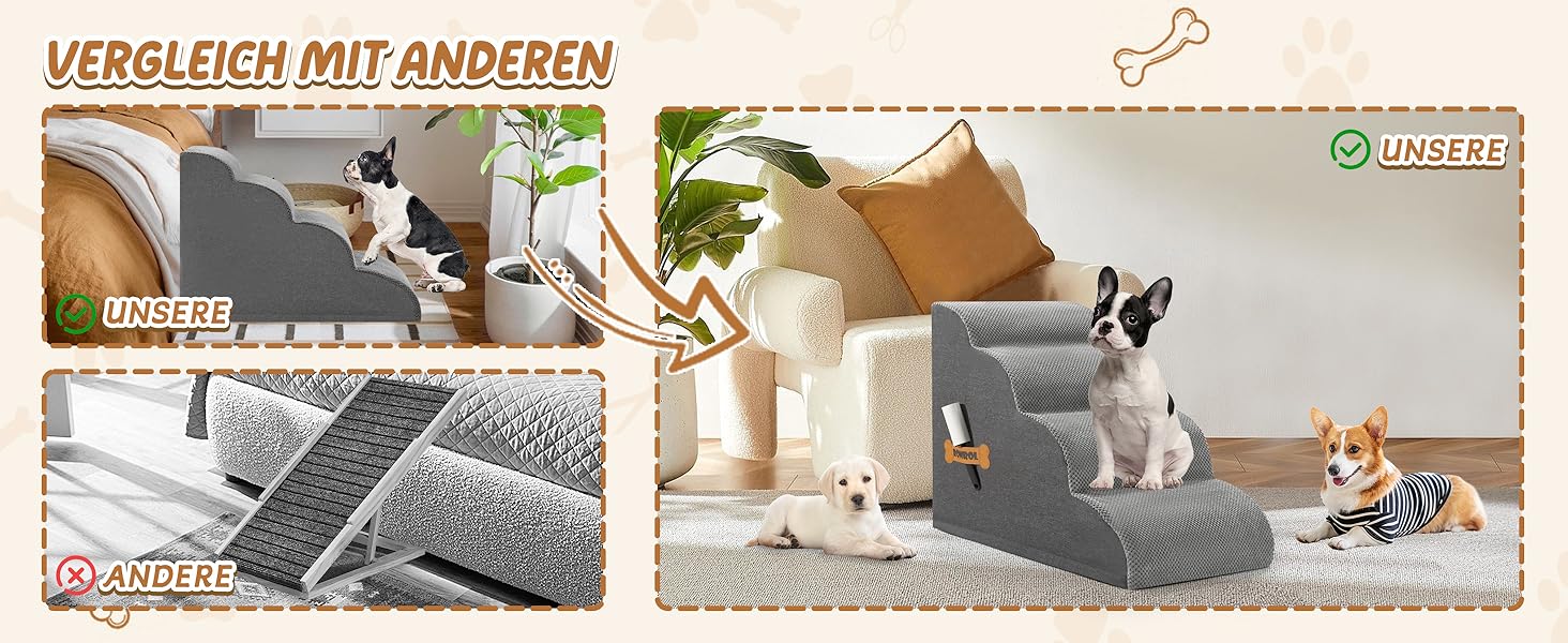 Сходинки для собак та котів ROMROL – 4 сходинки, сірий колір, з м'яким Memory Foam, для захисту суглобів, знімний та миючий чохол