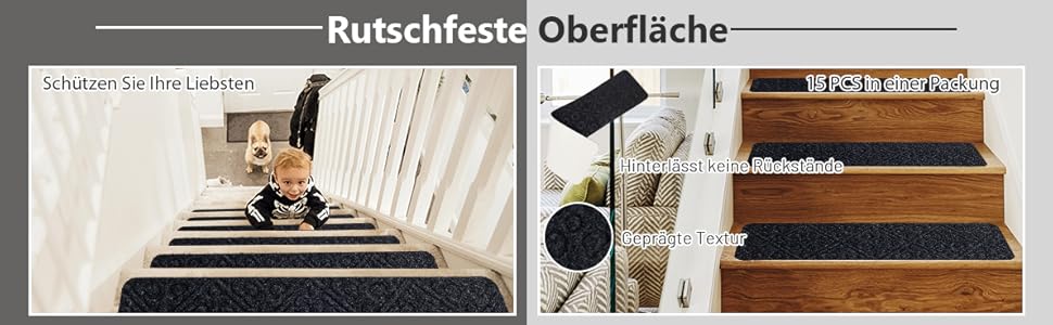 COSTWAY 15-Piece Stair Treads - Non-Slip, Waterproof, Self-Adhesive Carpet for Wood Stairs - Grey (76x20cm)