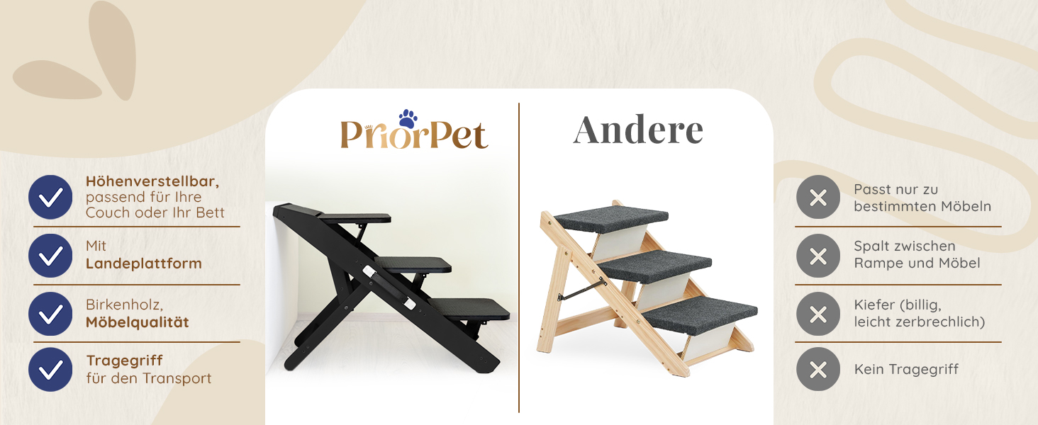 Сходинки для собак на ліжко та диван 2-в-1 - регульована рамка для собак, 18-50 см - для маленьких собак - легкі сходинки з платформою, натуральне дерево (чорний)