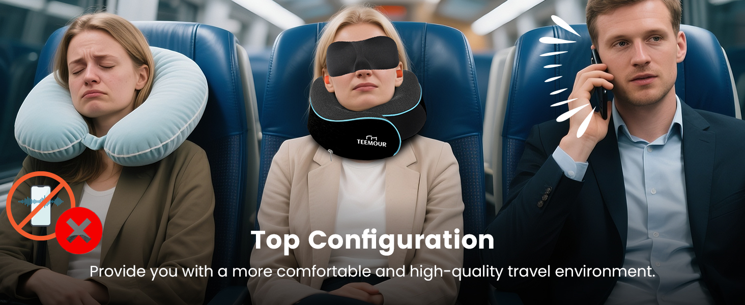 Подушка для шиї у літак з Memory Foam, 360° підтримка, з чохлом, маскою для очей та берушами, регульована подушка для подорожей (Чорний)