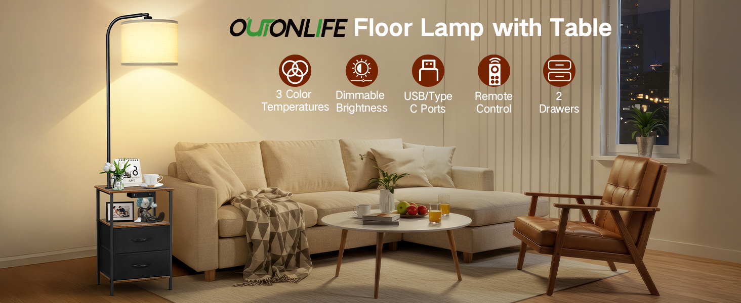 Стельова лампа для вітальні з тумбою та полицею, регульована LED, з пультом, 3 колірні температури, приліжкова тумба з зарядкою та полицею, дерев'яний столик для спальні/офісу (чорний з шухлядами)