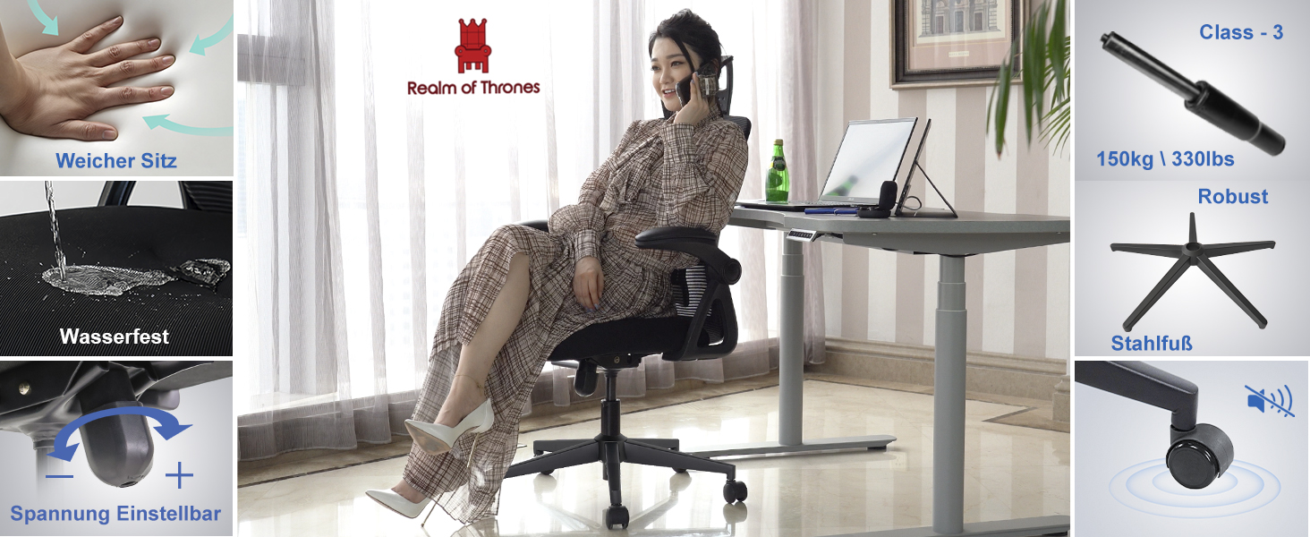 Офісний стіл Realm of Thrones CAPTAIN: ергономічний крісло з міцною сталевою основою, регульованою поперековою підтримкою та дихаючою спинкою (чорний)