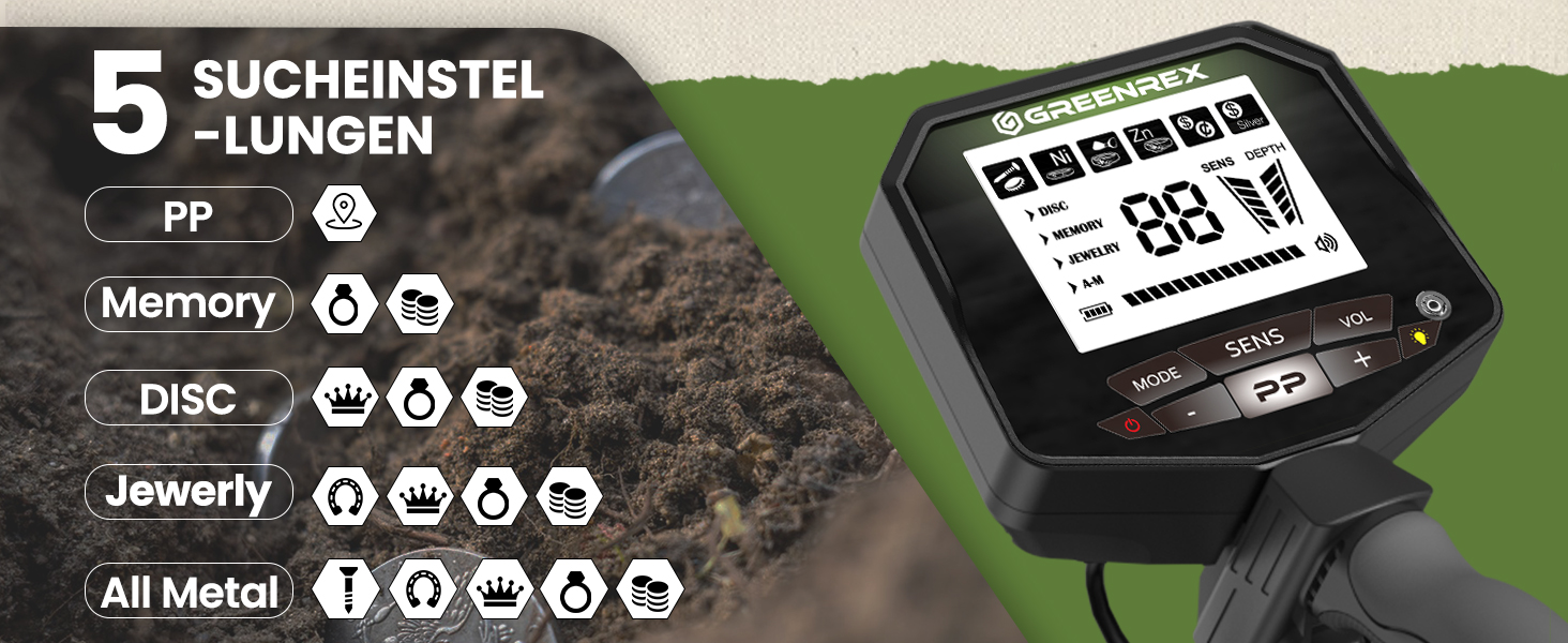 Металдетектор GreenRex Profi: водонепроникний, для дорослих та дітей, з LCD-дисплеєм, для пошуку золота та інших металів. Підходить для пляжу, під водою та в саду. DSP-чіп.