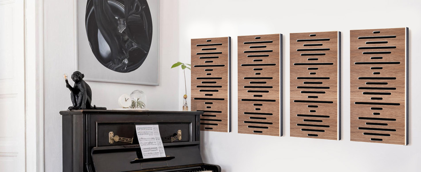 Акустичні панелі JBER для звукоізоляції стін, самоклеючі шумопоглинаючі плити з імітацією горіха (еліптичні лінії), 60×30×4.5 см, 4 шт. — для студії звукозапису та дому