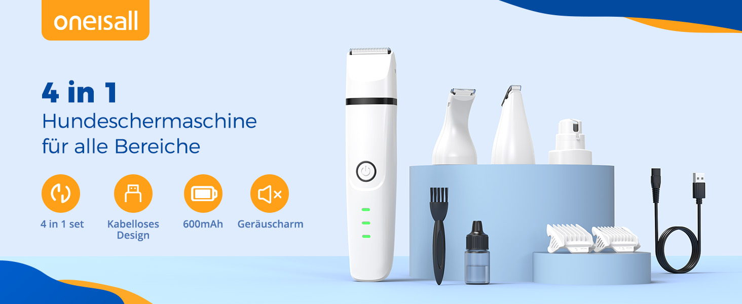 Schermaschine для собак та котів oneisall 4-в-1: стрижка, триммінг, шліфування кігтів. Безшумна, акумуляторна модель з 4 насадками для тіла, лап, очей та вух.