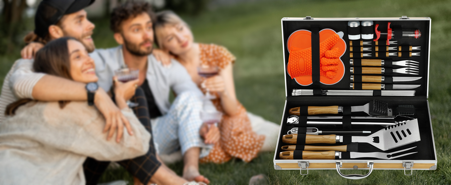 Набір аксесуарів для гриля N NOBLE FAMILY 30шт з нержавіючої сталі - професійний, довговічний, у кейсі. Подарунок для чоловіків та жінок.