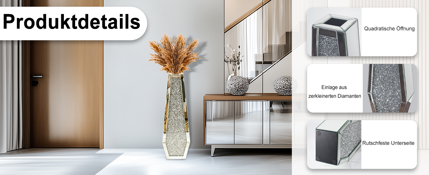 Ваза для квітів велика 68 см: срібна ваза з кристалами для пампас трави, скляна ваза з дзеркальним покриттям та блискітками, декоративна ваза для вітальні, інтер'єру – без підставки для води, 16L x 68H см