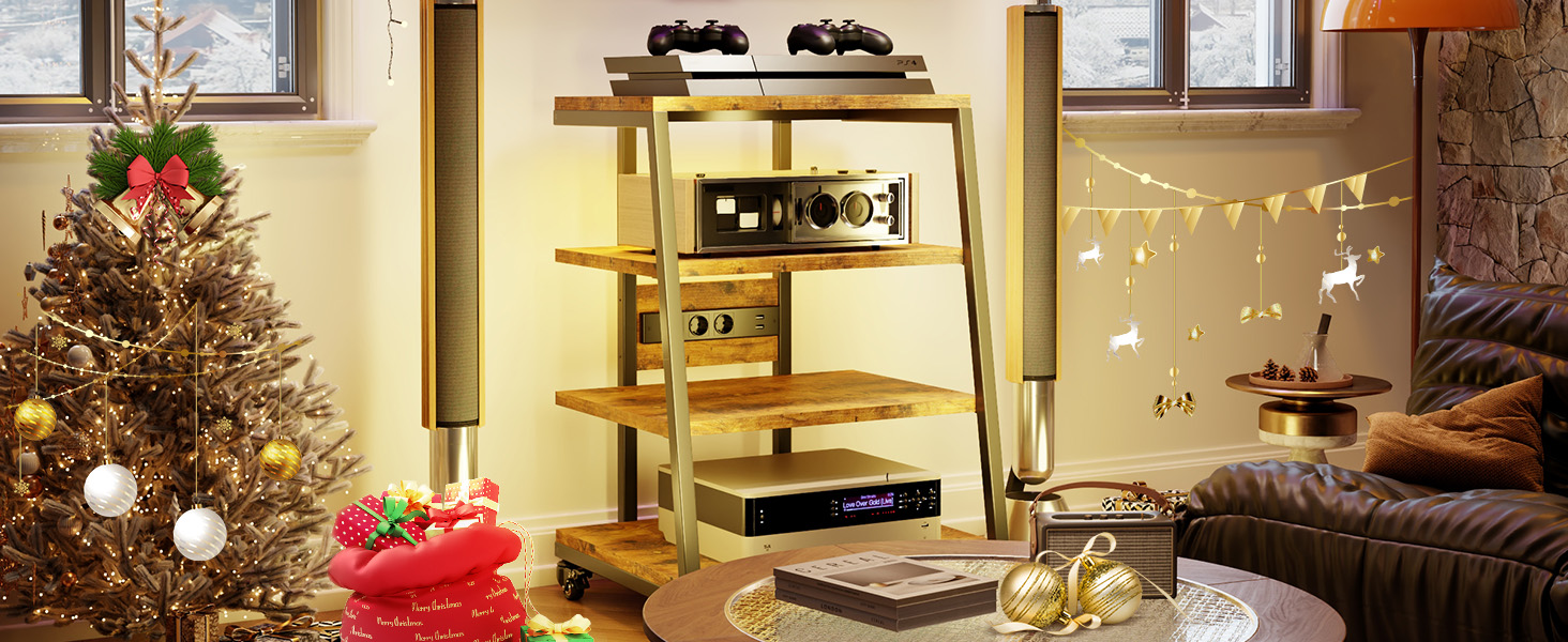 Hi-Fi тумба з колесами для програвача, з розетками, LED підсвіткою, дерев'яний медіа-стійка для аудіо, стерео, TV, 60x52x78 см