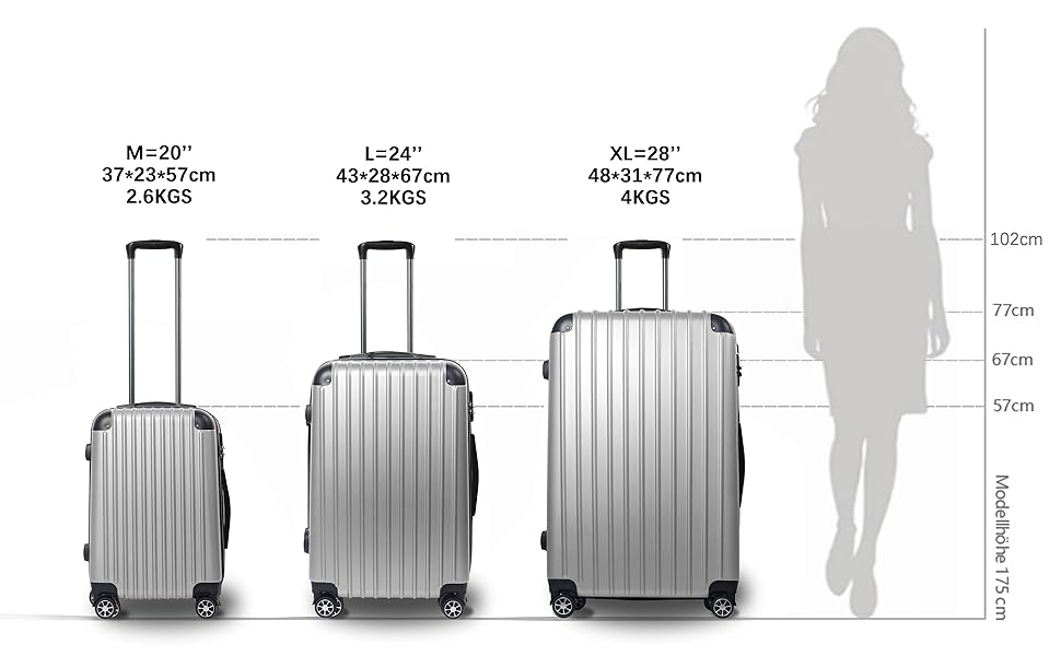 Hippo Carry-on Luggage Suitcase Travel Suitcase with Wheels Trolley Carry-on Trolley Rolling Suitcase Security Lock Airline-compatible Carry-on 4 Wheels ( :37 * 23 * 57c) (Set, Silver)