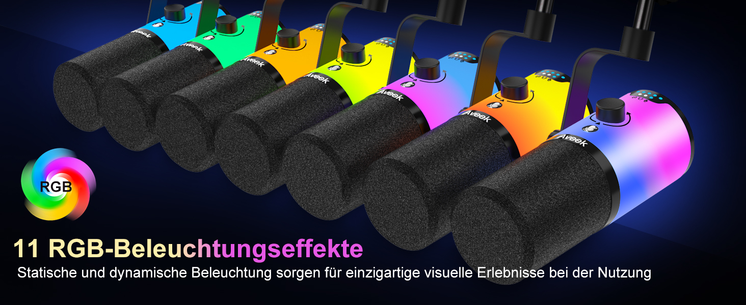 Мікрофон Aveek USB/XLR динамічний з тримачем, з функцією Mute, шумозаглушенням та RGB підсвіткою для ПК, стрімінгу, подкастів та запису