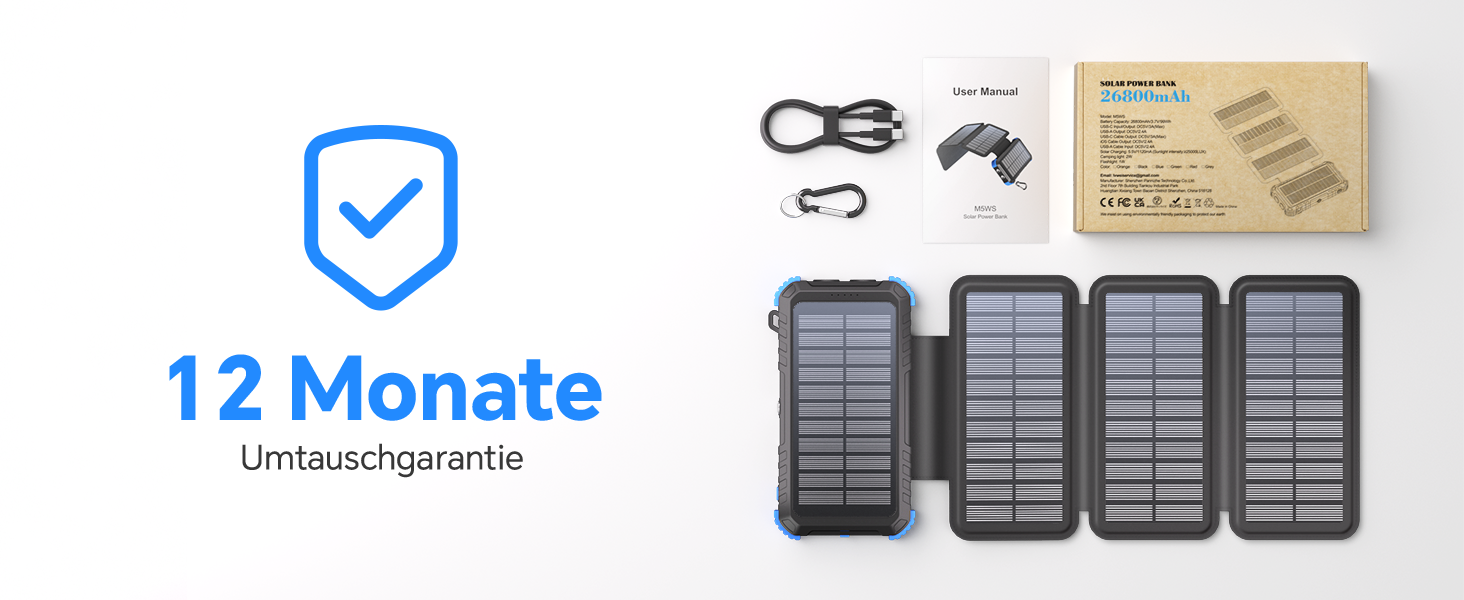 Powerbank Solar 26800mAh з USB-C, 5 виходів, водонепроникний, з карабіном та ліхтариком, для кемпінгу, телефонів та планшетів (блакитний)