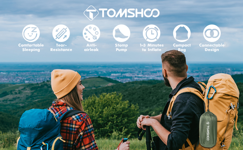 Надувний килимок для кемпінгу Tomshoo з інтегрованим насосом, подушкою та сумкою, блакитний