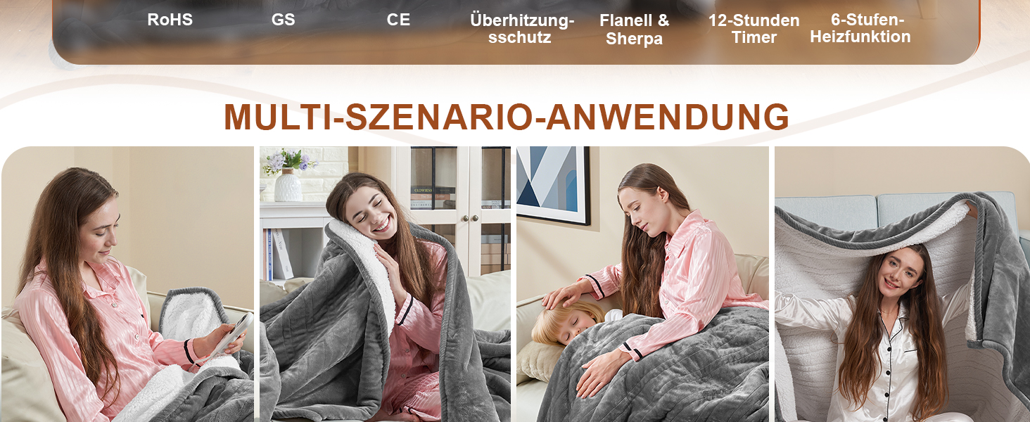 Електрична ковдра JUMMICO Kuschel-Heizdecke 180x130 см, тепла та м'яка - 6 режимів нагріву, таймер 12 годин, пральна, для дивана, ліжка, офісу, сіра