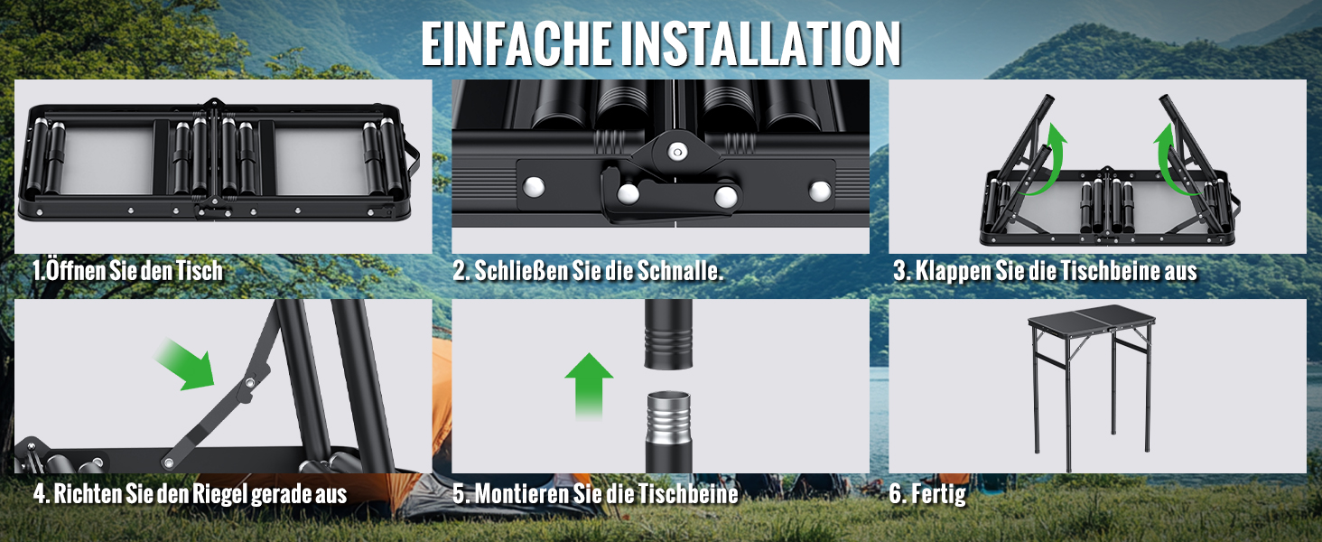Складний кемпінговий стіл GARLLEN 60x40 см, регульована висота (27/51/75 см), чорний - для пікніка, саду, балкону, пляжу