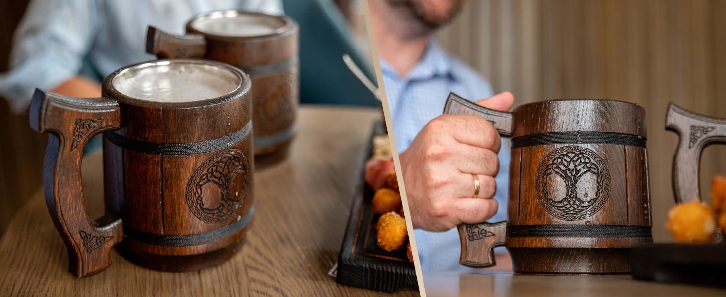 Діжка TESLYAR Вікінг 0.6 л з дуба - середньовічна діжка для пива, кружка, кухоль з гравіюванням молота Тора, руни. Ідеальний подарунок для чоловіків, дерев'яний кухоль.