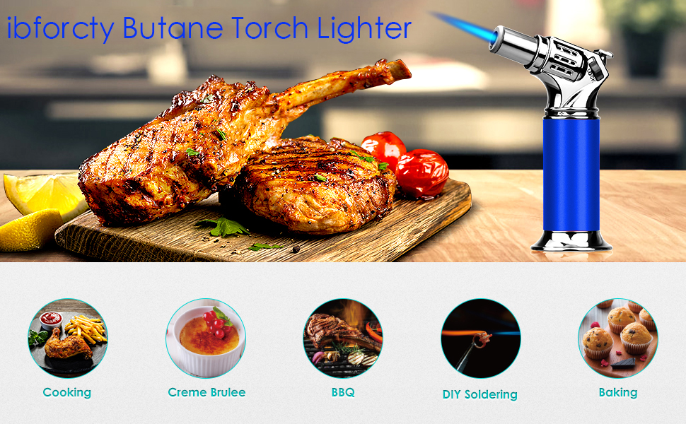 Кулінарний пальник-газовий обпалювач ibforcty, багаторазовий кухонний torch з регулюванням полум'я та замком безпеки для десертів, крем-брюле та BBQ, чорний