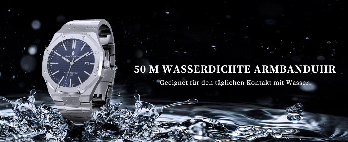 Годинник SAPPHERO чоловічий водостійкий 30M з нержавіючої сталі, восьмигранний, кварцовий, з японським механізмом, бізнес-стиль, з датою, срібно-блакитний
