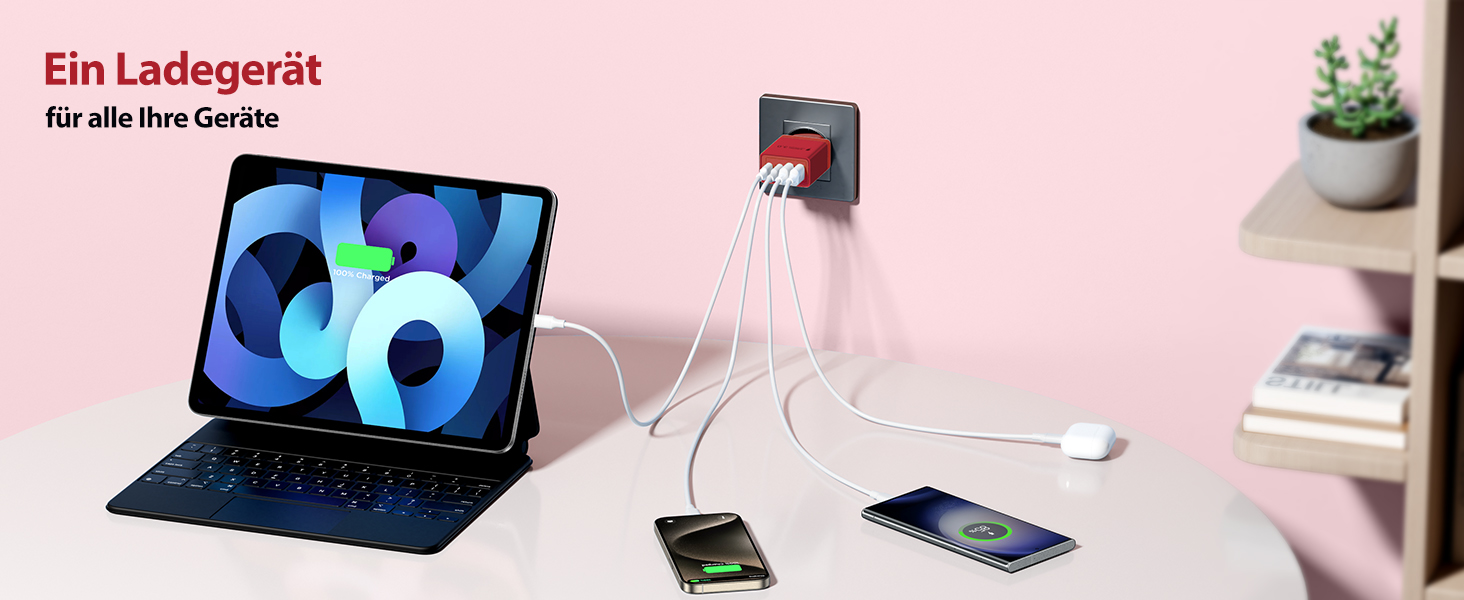 Зарядний пристрій USB-C 4-портовий 40W з Quick Charge для iPhone, Samsung та інших пристроїв (Червоний)