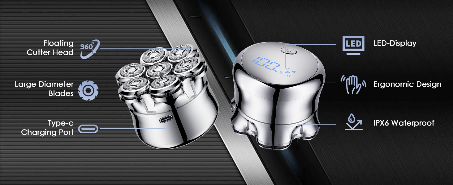 Електрична бритва чоловіча 7D Glatzen з плаваючою головкою, LED-дисплеєм, 2 режимами, Type-C зарядка, срібляста