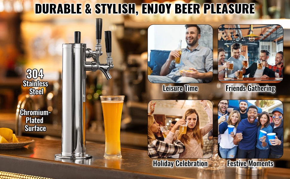 Bierzapfturm VEVOR з двома кранами: бак з нержавіючої сталі, комплект кегератора з попередньо встановленими шлангами та самозакривними кранами для вечірок, барів, пабів та ресторанів (три крани)