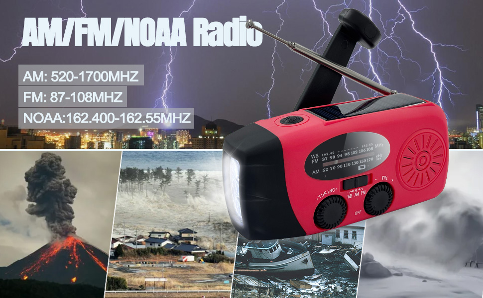 Сонячна радіостанція з ручним заводом 2000mAh, AM/FM/NOAA, USB-зарядка, заряд для телефону, SOS-сигнал, LED-ліхтарик для кемпінгу та походів (Червоний)