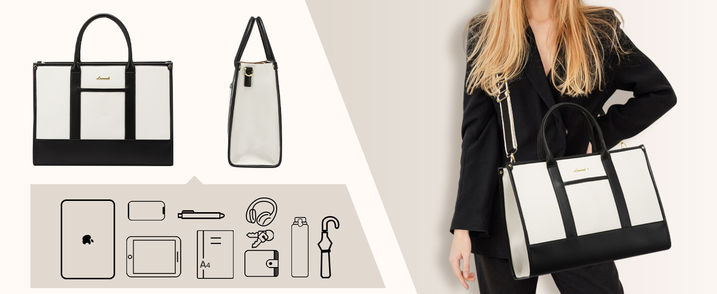 Сумка для ноутбука LOVEVOOK жіноча водонепроникна для роботи, університету (17 дюймів, чорно-бежева). Бізнес-сумка, портфель, сумка для вчителя зі шкіри.