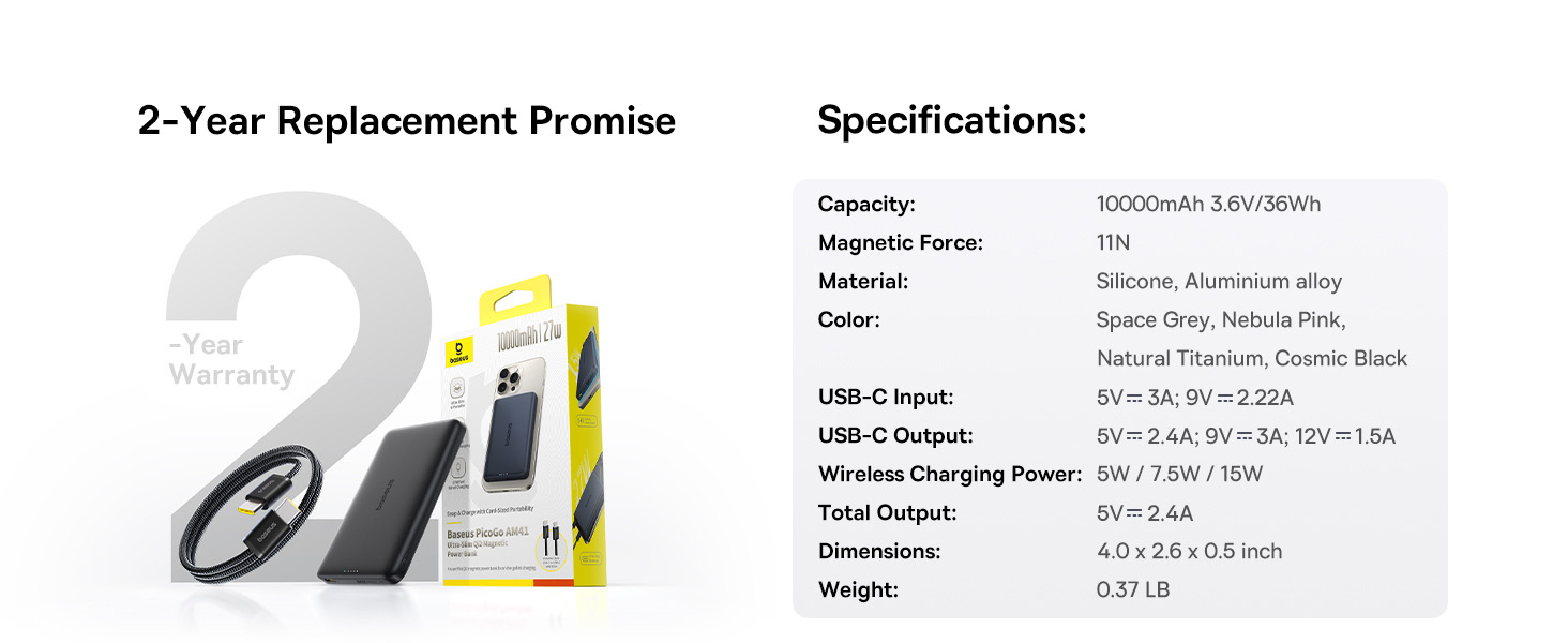 Power Bank Baseus Picogo AM41: 10000mAh, 15W Qi2 Magsafe, PD 27W, USB-C, для iPhone 17/16/15/14/13/12 (Чорний)