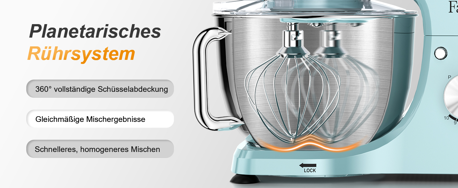 Кухонний комбайн-міксер 1300W з планетарним змішуванням, чаша 5.5л з нержавіючої сталі, 10 швидкостей, набір насадок та захист від бризок, Блакитний