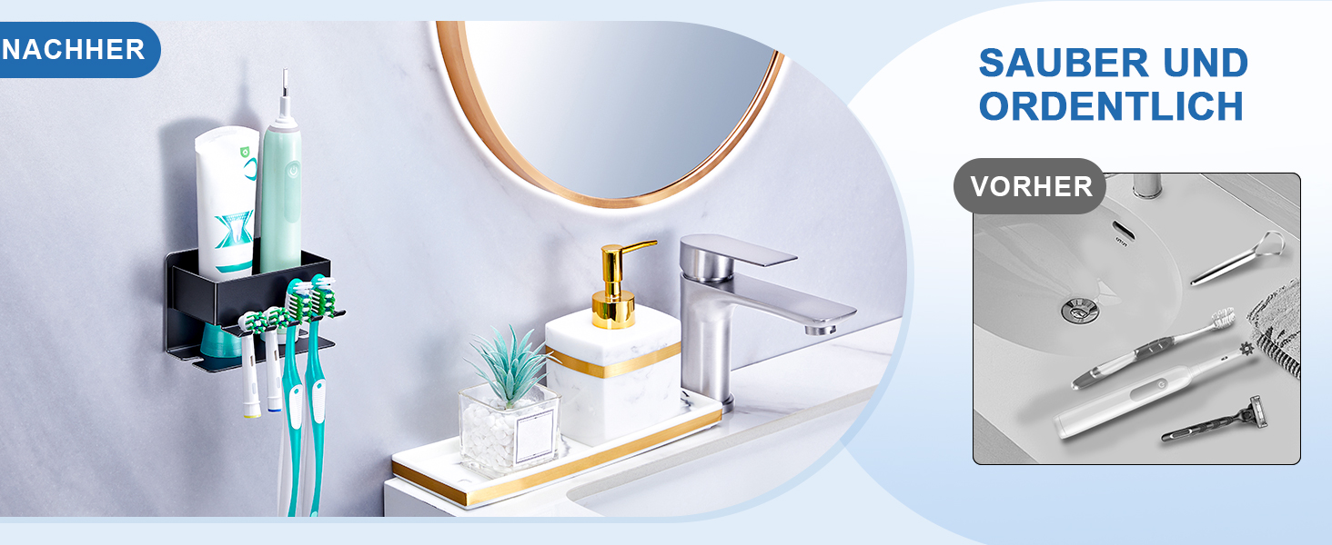 Тримач для зубних щіток настінний, для електричної зубної щітки, з підставкою для насадок, без свердління, чорний, компактний