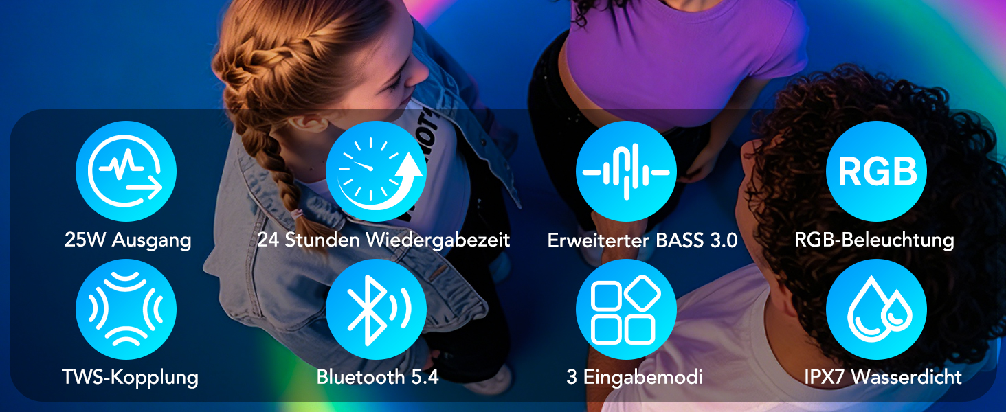 Bluetooth колонка з підсвіткою 25W, Bluetooth 5.4, Dual Bass, 24 год, IPX7 водонепроникна, портативна колонка для вечірок, подорожей, AUX/TF, Чорна