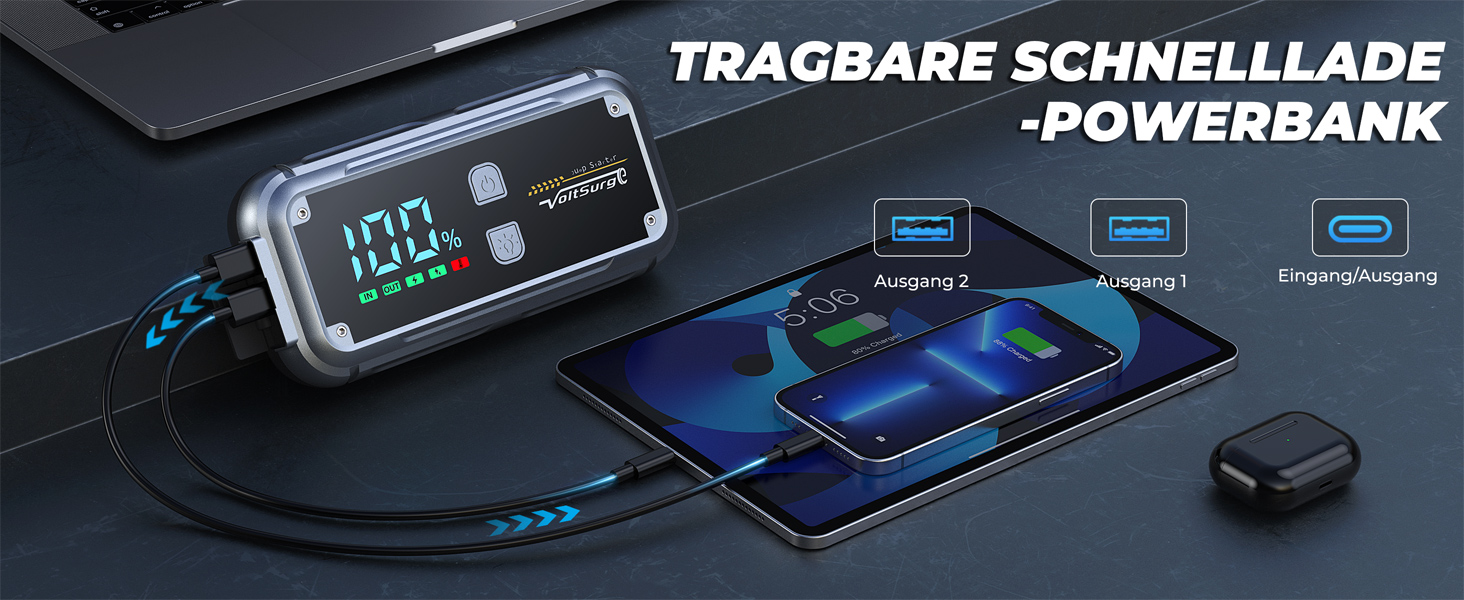 Портативний пусковий блок Starthilfe Powerbank 6000A з USB, LCD, ліхтариком, 12V для бензинових та дизельних двигунів