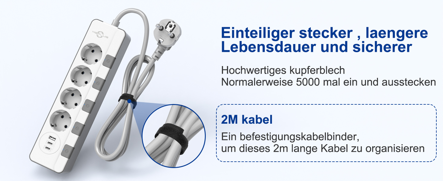 Мережевий фільтр KEPLUG з USB-портами (4000W, 16A) - розетка з 2 Type C, USB-A, дитячий захист, 2 м кабель