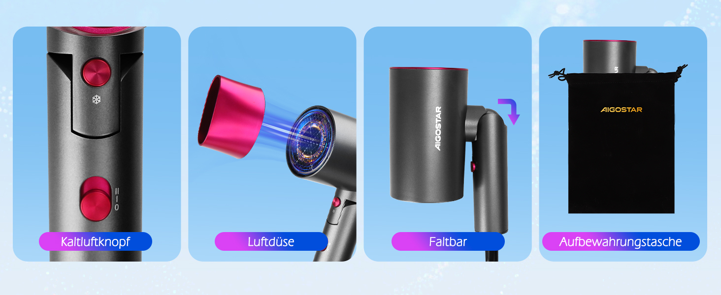 Aigostar Фен для подорожей 2100W з складною ручкою, сірий, з захистом від перегріву, з сумкою